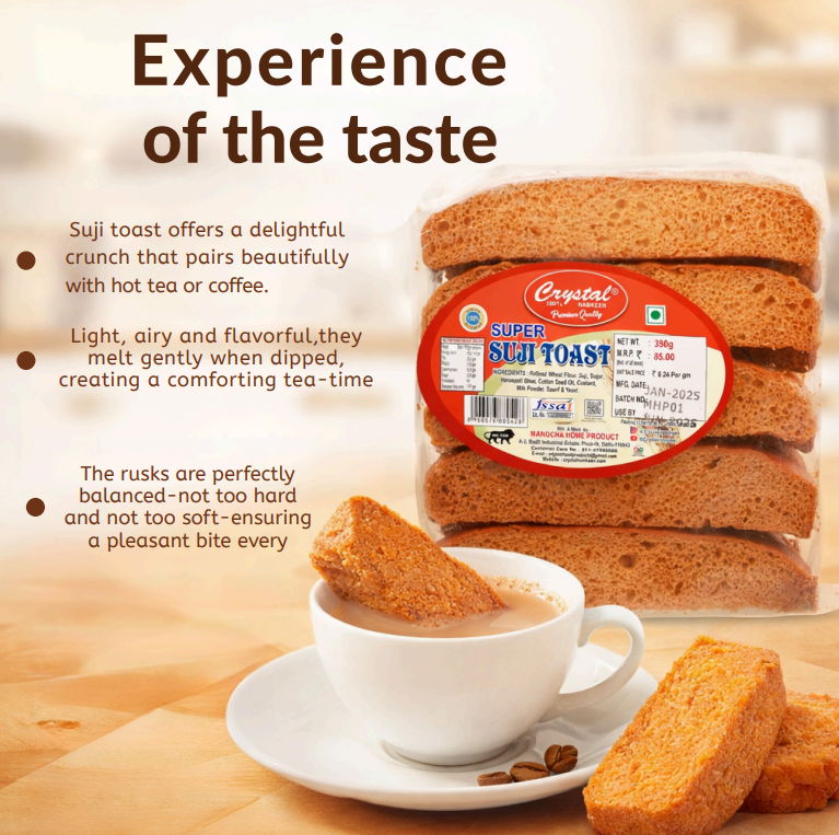 CRISPY TRAILS Suji Long Toast, Crunchy Sooji Rusk Made with Semolina, Perfect Tea-Time Snack, Light & Tasty, Hygienically Packed