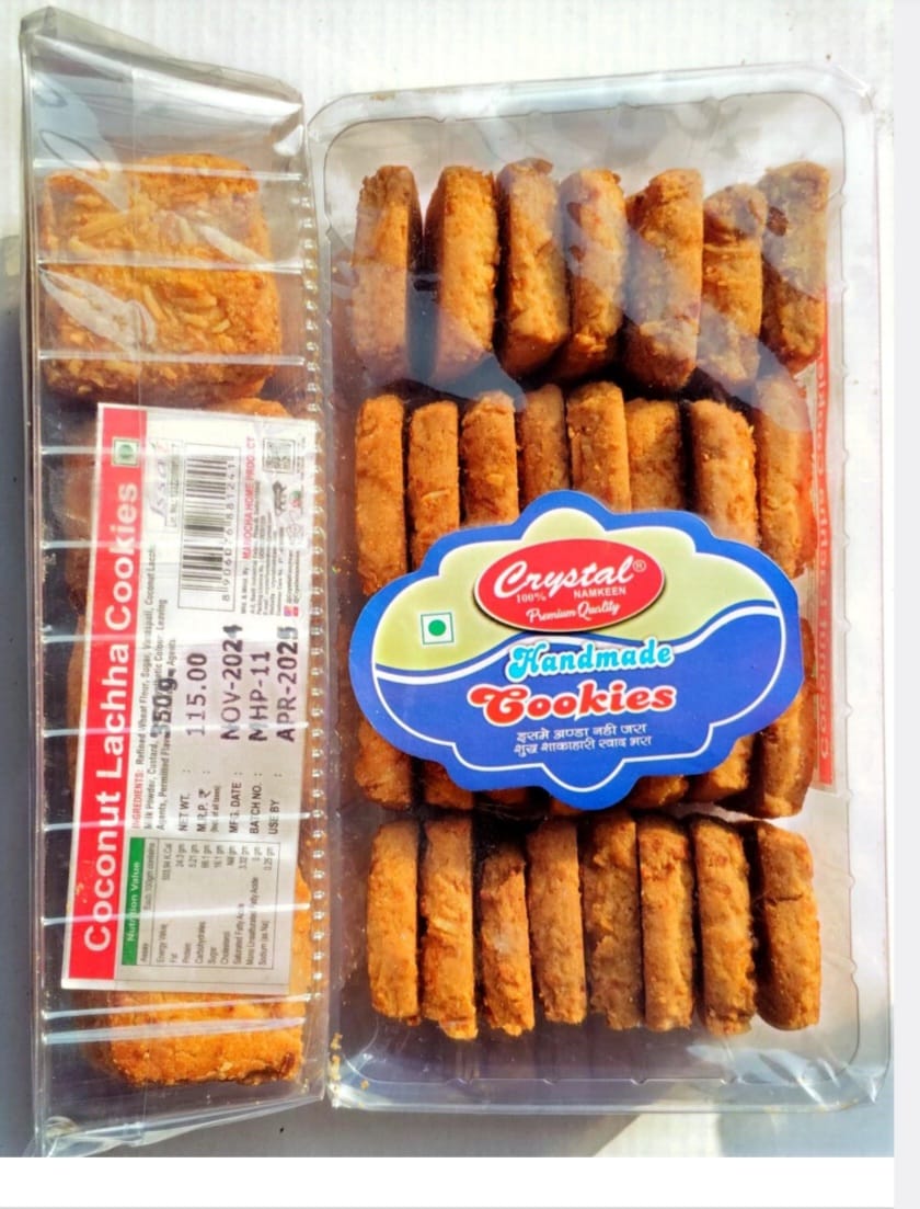 CRISPY TRAILS Delicious Coconut Lachha Crunchy Cookies | Freshly Baked / Packaged Biscuits | Ideal Snack for Tea Time, Kids & Gifting
