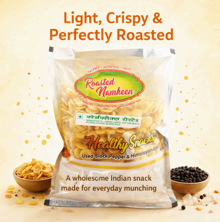CRISPY TRAILS Roasted Cornflakes Namkeen – Crunchy & Healthy Snack | Light, Tasty & Oil-Free Tea Time Munchies (Pack of 1)
