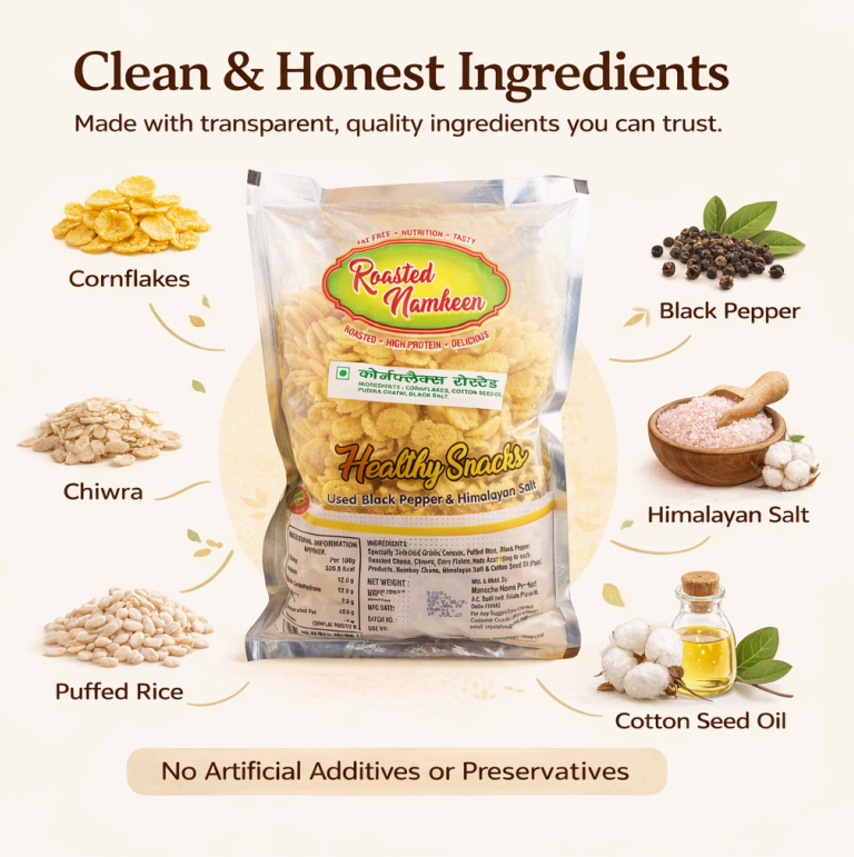 CRISPY TRAILS Roasted Cornflakes Namkeen – Crunchy & Healthy Snack | Light, Tasty & Oil-Free Tea Time Munchies (Pack of 1)