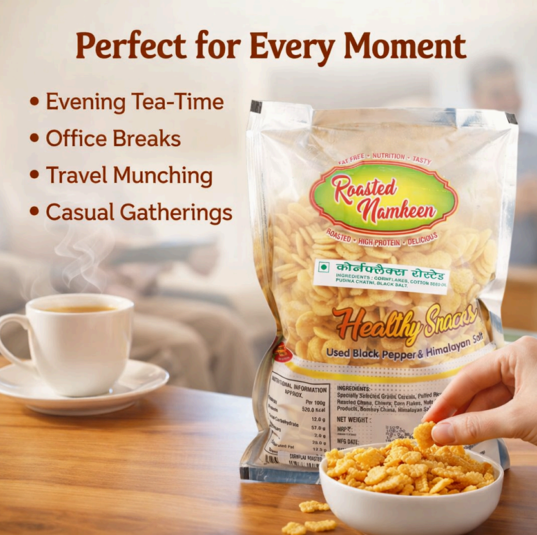 CRISPY TRAILS Roasted Cornflakes Namkeen – Crunchy & Healthy Snack | Light, Tasty & Oil-Free Tea Time Munchies (Pack of 1)