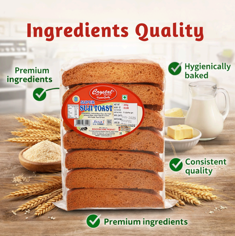CRISPY TRAILS Suji Long Toast, Crunchy Sooji Rusk Made with Semolina, Perfect Tea-Time Snack, Light & Tasty, Hygienically Packed