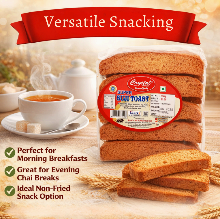 CRISPY TRAILS Suji Long Toast, Crunchy Sooji Rusk Made with Semolina, Perfect Tea-Time Snack, Light & Tasty, Hygienically Packed